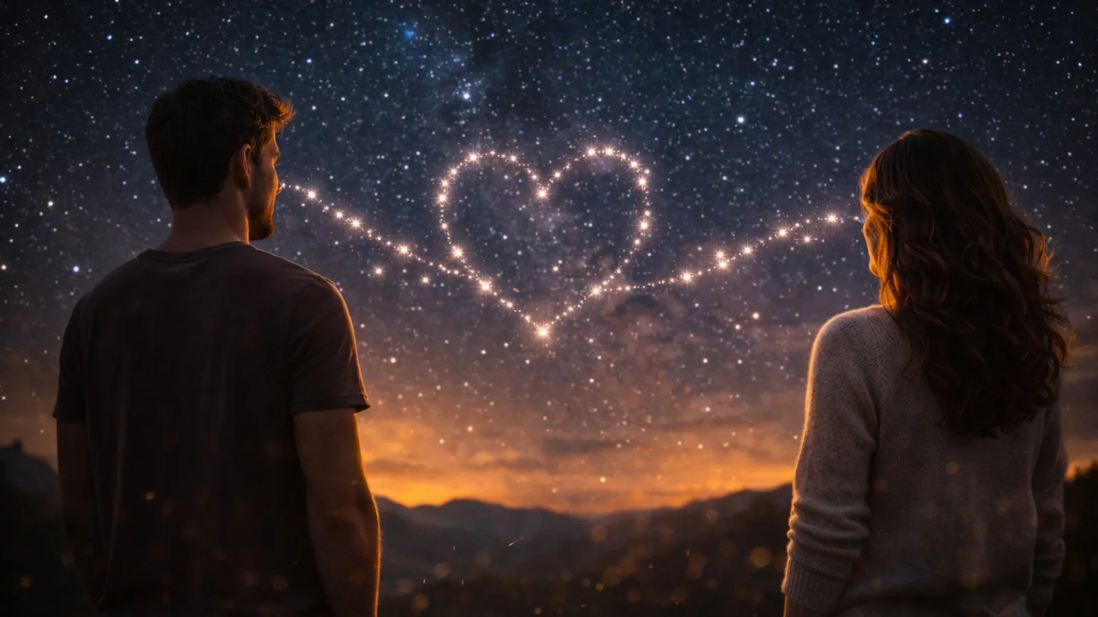 Couple de dos observant un cœur étoilé au-dessus des montagnes.